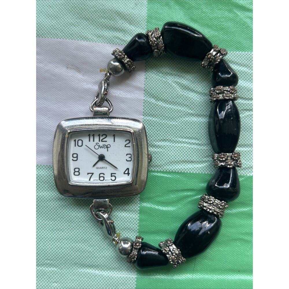 Swap Silver Tone Black Stone Band Women’s Quartz Watch